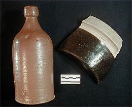 Brown Stoneware bottle and mixing bowl, typical utilitarian wares of the late 19th century
